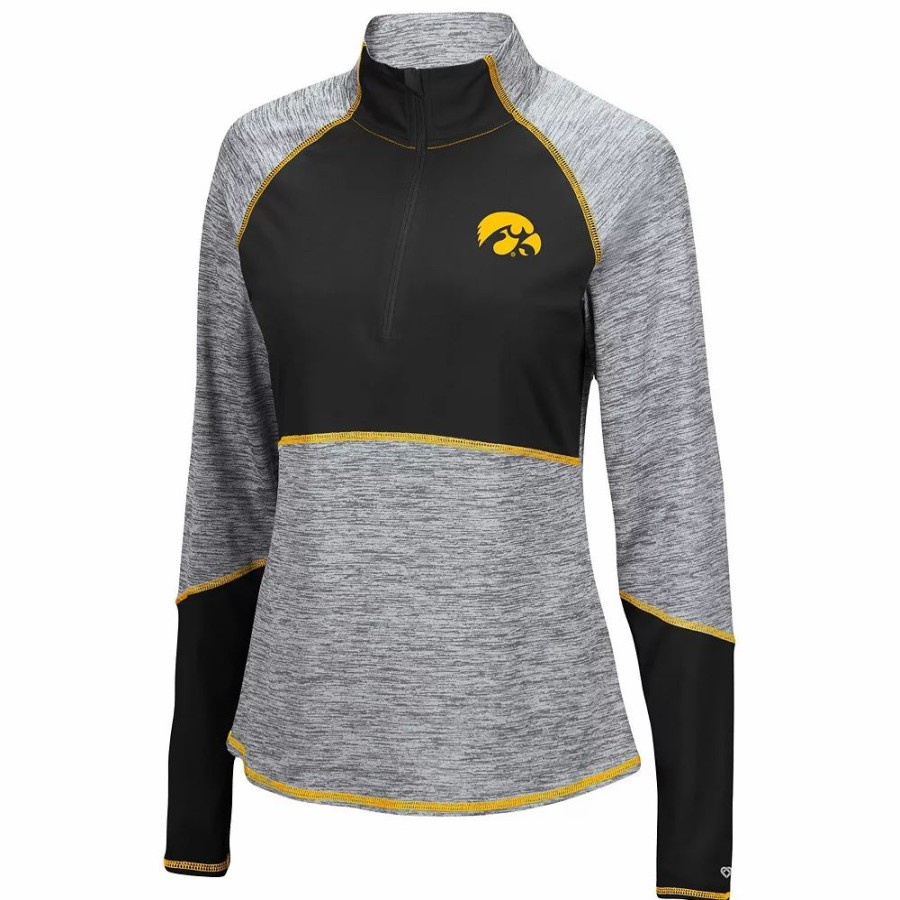 Clothing * | Women'S Colosseum Heathered Gray/Black Iowa Hawkeyes Color Block Space-Dye Raglan Quarter-Zip Top