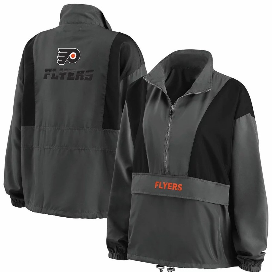 Clothing * | Women'S Wear By Erin Andrews Charcoal Philadelphia Flyers Popover Packable Half-Zip Jacket