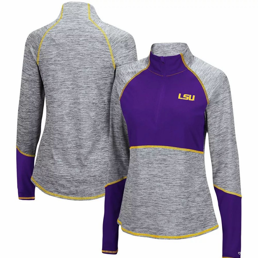 Clothing * | Women'S Colosseum Heathered Gray/Purple Lsu Tigers Color Block Space-Dye Raglan Quarter-Zip Top