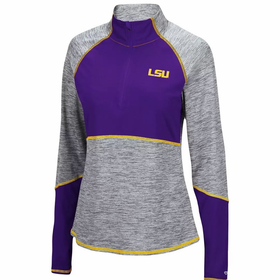 Clothing * | Women'S Colosseum Heathered Gray/Purple Lsu Tigers Color Block Space-Dye Raglan Quarter-Zip Top