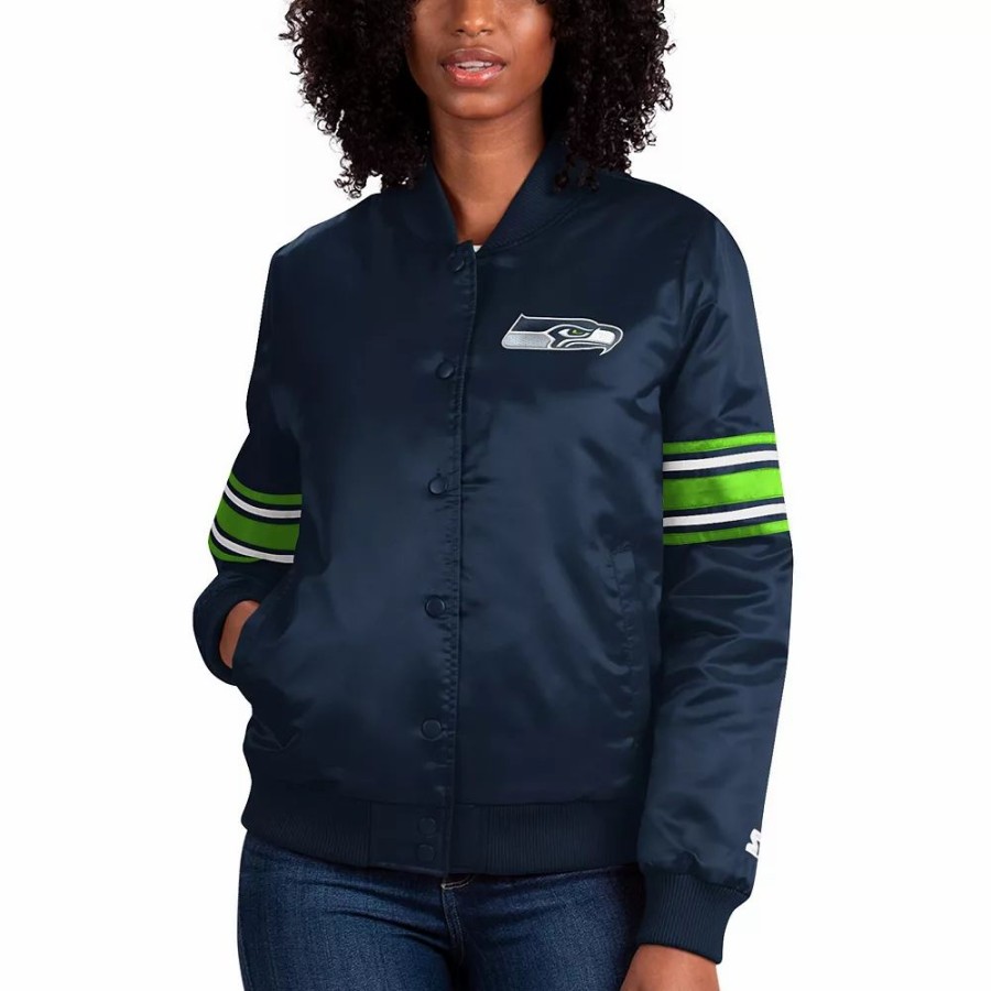 Clothing * | Women'S Starter College Navy Seattle Seahawks Line Up Satin Full-Snap Varsity Jacket