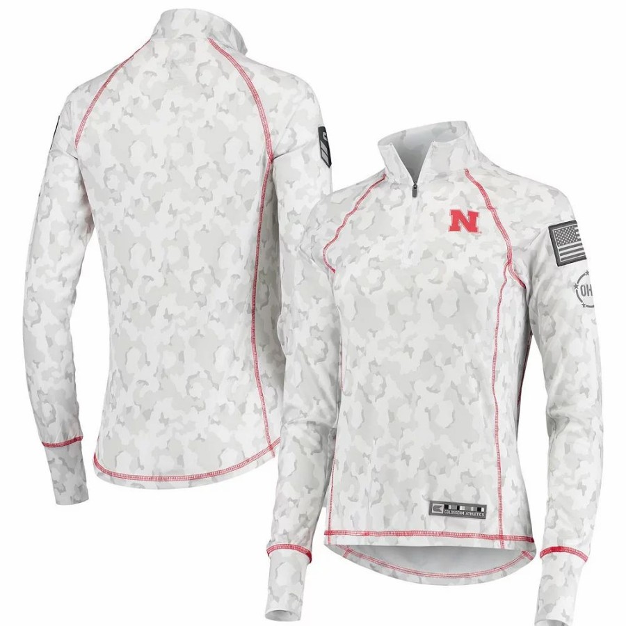 Clothing * | Women'S Colosseum White Nebraska Huskers Oht Military Appreciation Officer Arctic Camo 1/4-Zip Jacket