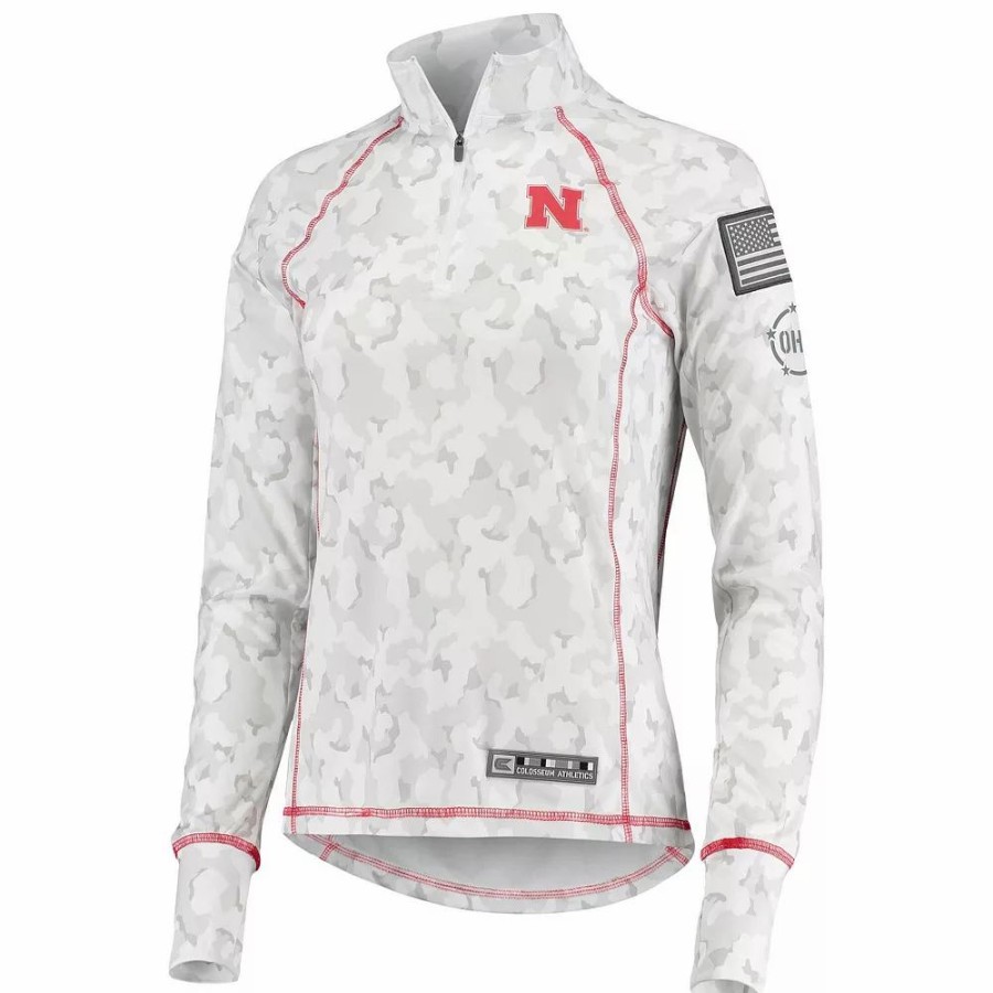 Clothing * | Women'S Colosseum White Nebraska Huskers Oht Military Appreciation Officer Arctic Camo 1/4-Zip Jacket