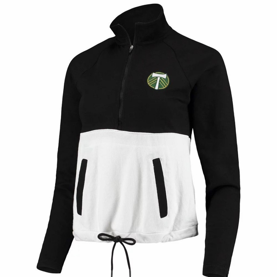 Clothing * | Women'S Antigua Black/White Portland Timbers Harbor Raglan Half-Zip Jacket