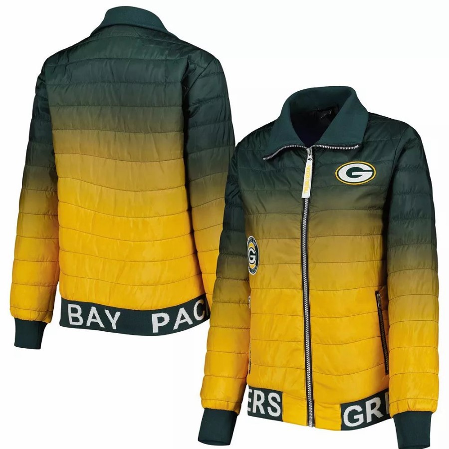 Clothing * | Women'S The Wild Collective Green/Gold Green Bay Packers Color Block Full-Zip Puffer Jacket