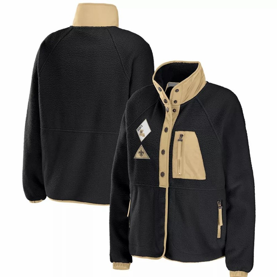 Clothing * | Women'S Wear By Erin Andrews Black New Orleans Saints Polar Fleece Raglan Full-Snap Jacket