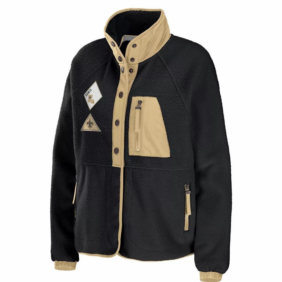 Clothing * | Women'S Wear By Erin Andrews Black New Orleans Saints Polar Fleece Raglan Full-Snap Jacket