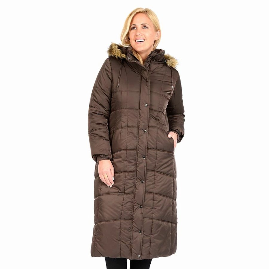 Clothing * | Plus Size Excelled Hooded Long Puffer Coat Brown