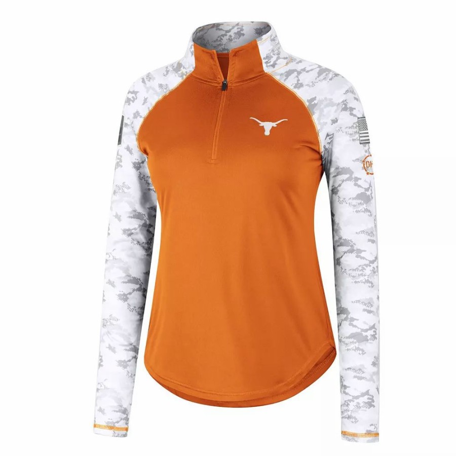 Clothing * | Women'S Colosseum Texas Orange Texas Longhorns Oht Military Appreciation Flash Arctic Camo Raglan Quarter-Zip Jacket