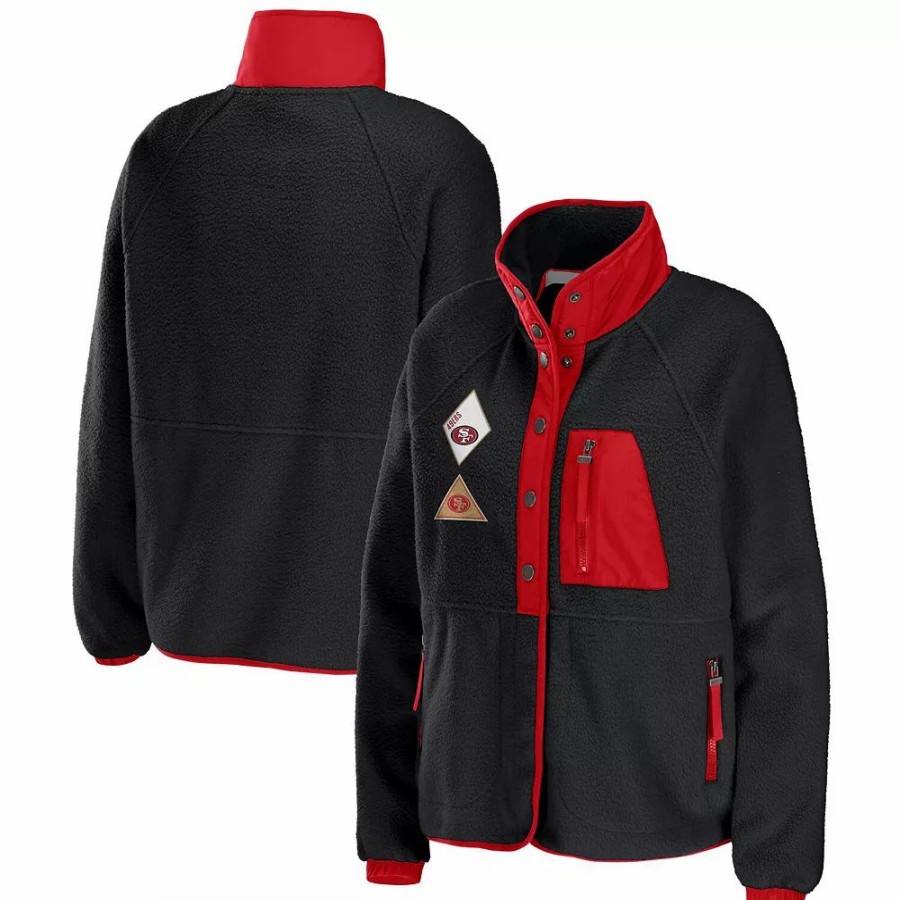 Clothing * | Women'S Wear By Erin Andrews Black San Francisco 49Ers Polar Fleece Raglan Full-Snap Jacket