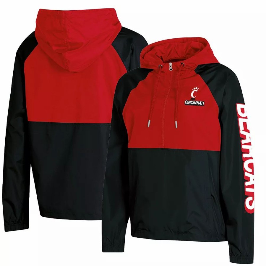 Clothing * | Women'S Champion Black Cincinnati Bearcats Colorblocked Packable Raglan Half-Zip Hoodie Jacket