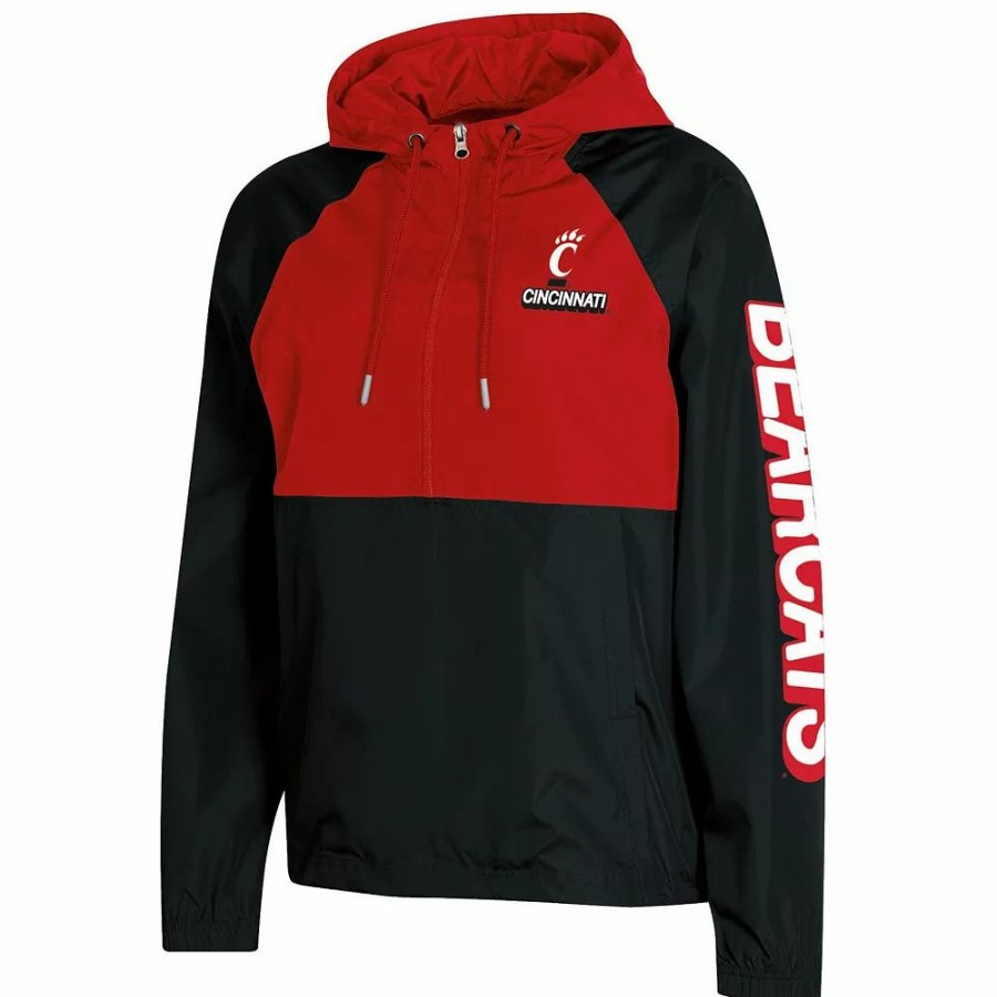 Clothing * | Women'S Champion Black Cincinnati Bearcats Colorblocked Packable Raglan Half-Zip Hoodie Jacket