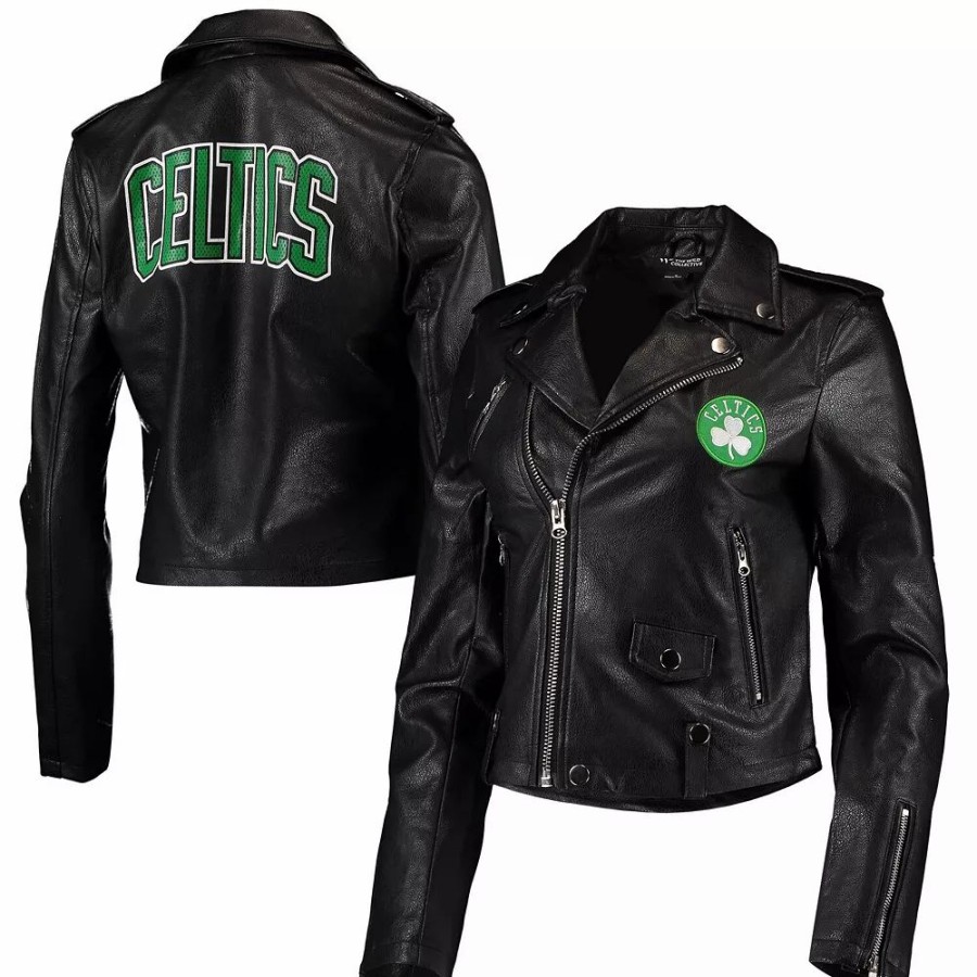 Clothing * | Women'S The Wild Collective Black Boston Celtics Moto Full-Zip Jacket