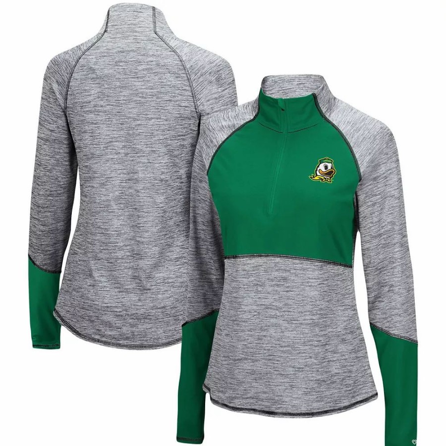 Clothing * | Women'S Colosseum Heathered Gray/Green Oregon Ducks Color Block Space-Dye Raglan Quarter-Zip Top