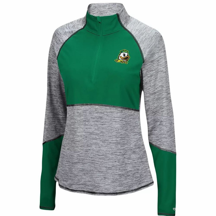 Clothing * | Women'S Colosseum Heathered Gray/Green Oregon Ducks Color Block Space-Dye Raglan Quarter-Zip Top