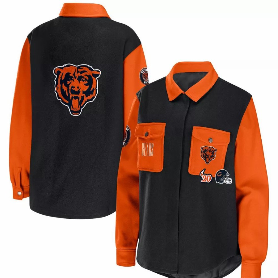 Clothing * | Women'S Wear By Erin Andrews Black Chicago Bears Button-Up Shirt Jacket