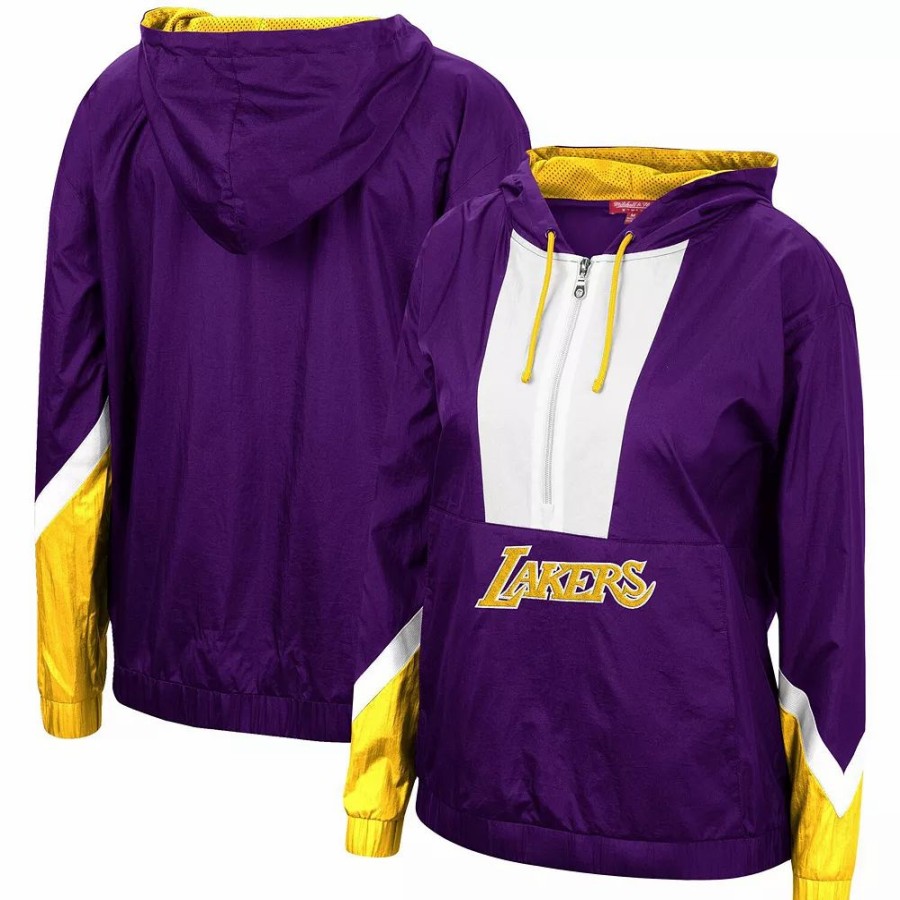 Clothing * | Women'S Mitchell & Ness Purple Los Angeles Lakers Half-Zip Windbreaker 2.0 Hoodie