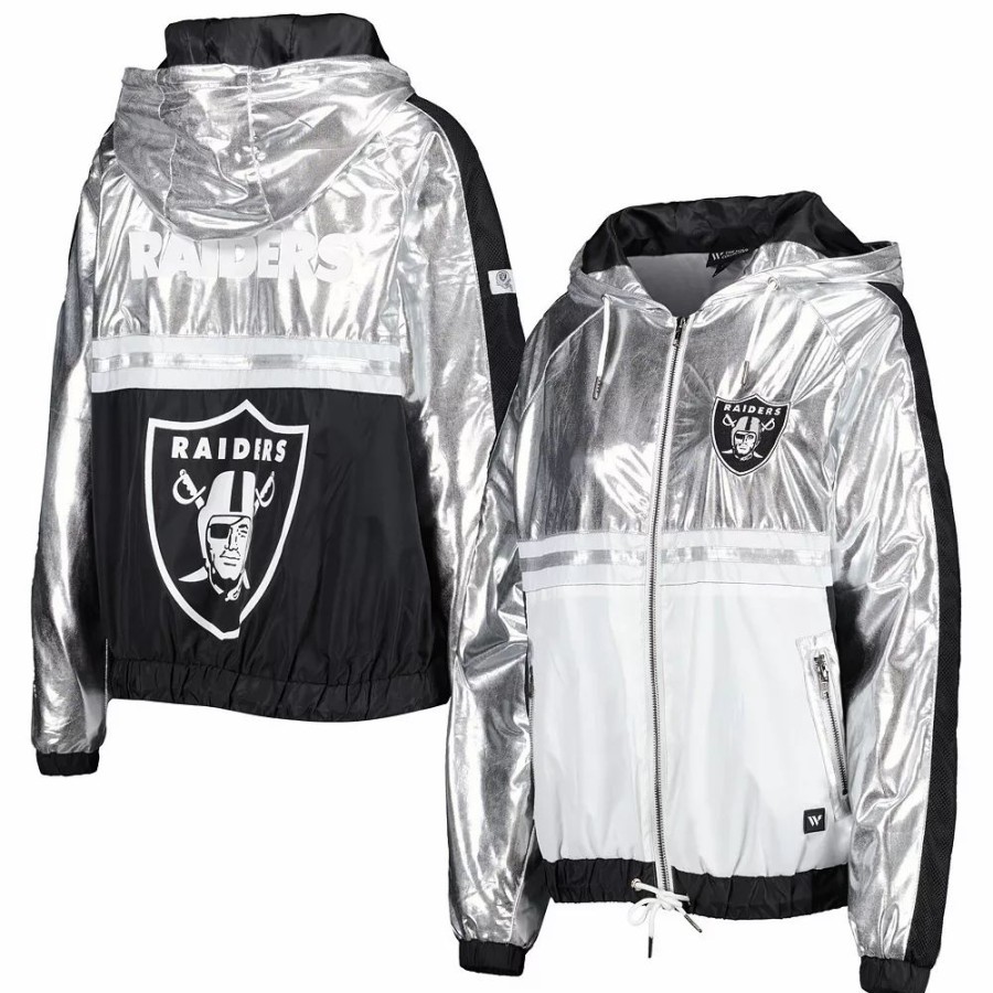 Clothing * | Women'S The Wild Collective Silver/Black Las Vegas Raiders Raglan Full-Zip Track Jacket