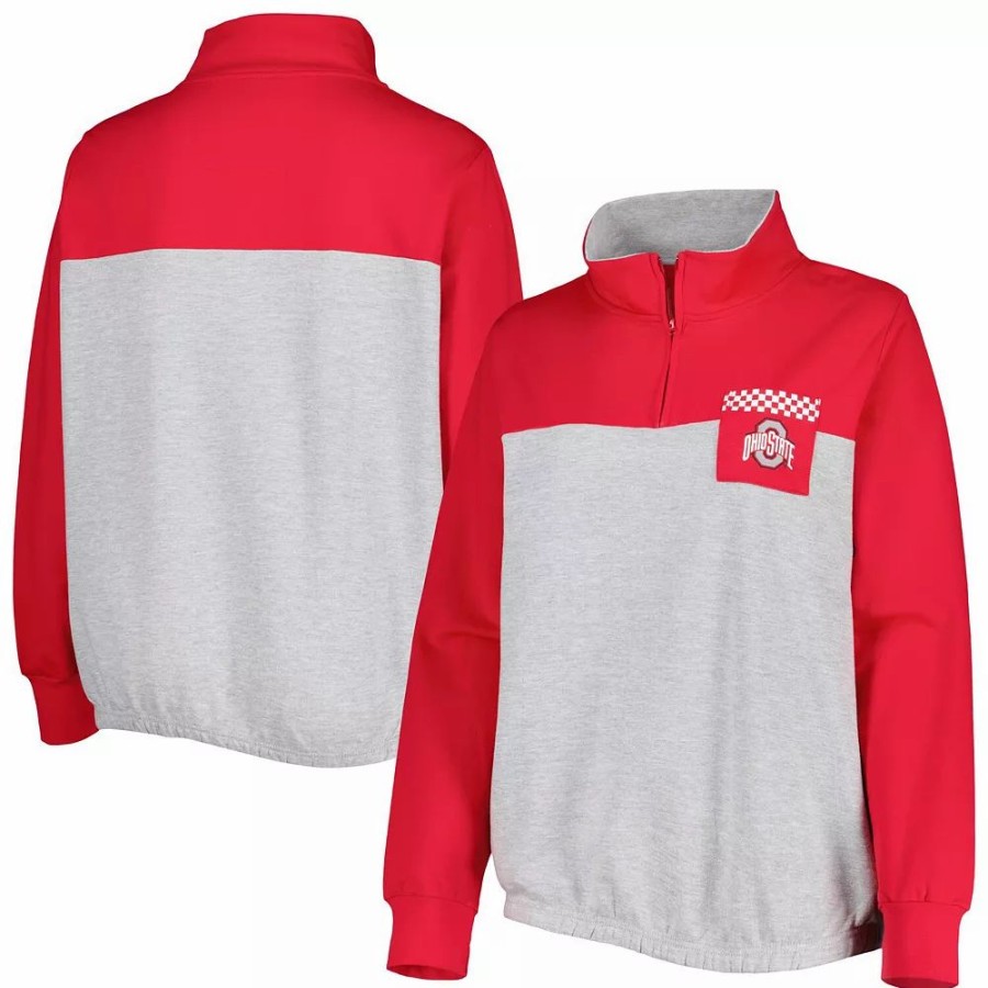 Clothing * | Women'S Heather Gray/Scarlet Ohio State Buckeyes Plus Size Sideline To Sideline Quarter-Zip Top