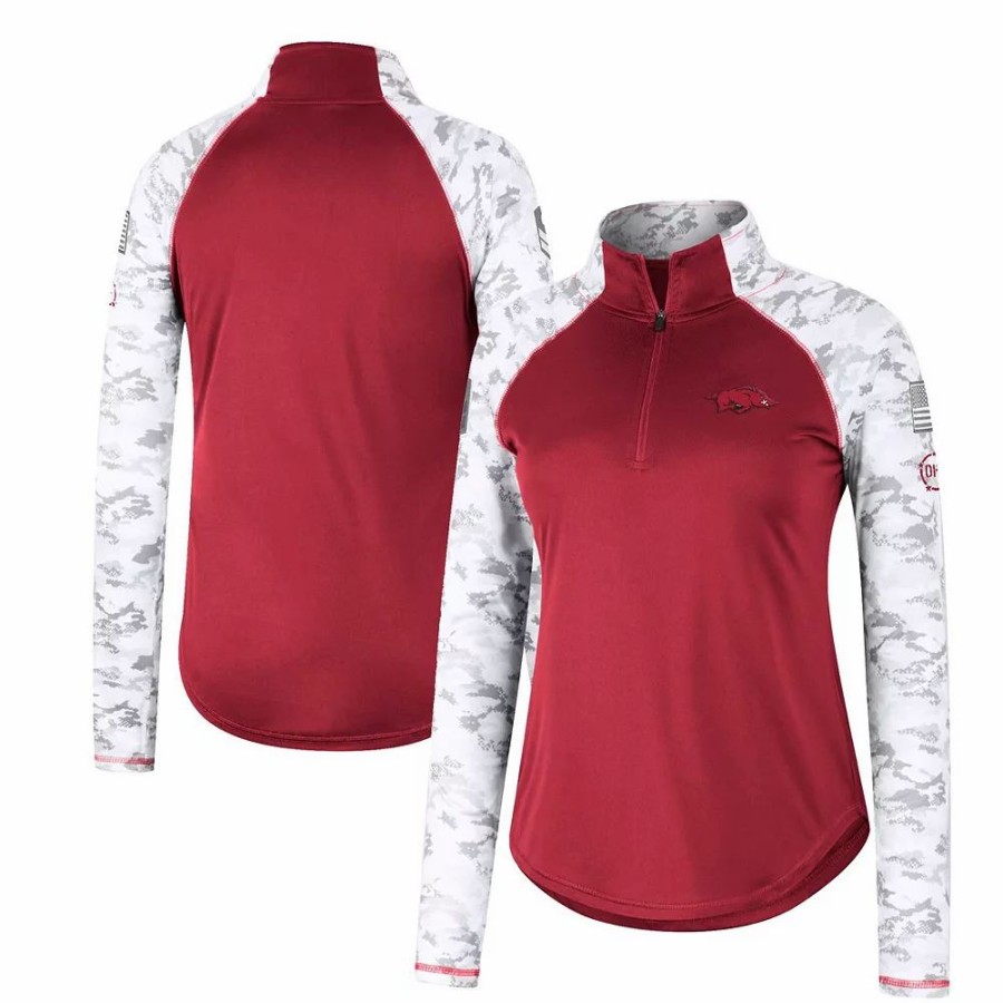 Clothing * | Women'S Colosseum Cardinal Arkansas Razorbacks Oht Military Appreciation Flash Arctic Camo Raglan Quarter-Zip Jacket