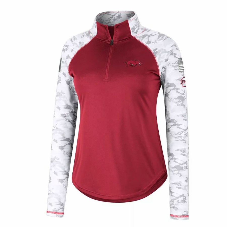 Clothing * | Women'S Colosseum Cardinal Arkansas Razorbacks Oht Military Appreciation Flash Arctic Camo Raglan Quarter-Zip Jacket