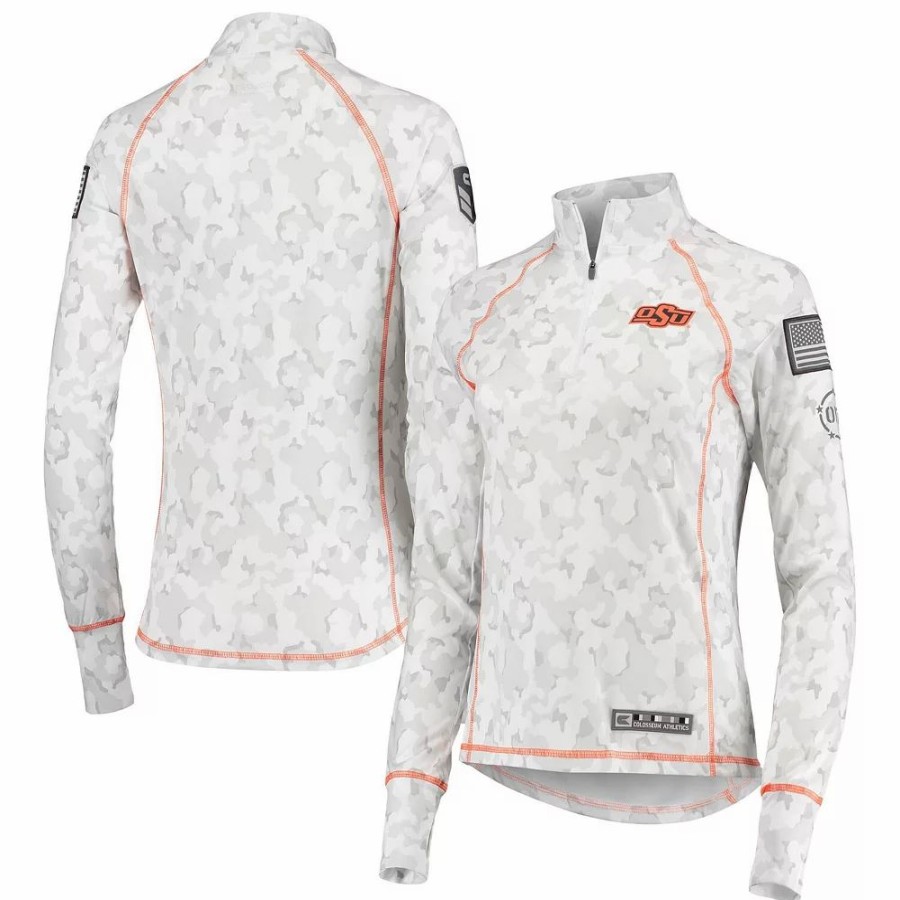 Clothing * | Women'S Colosseum White Oklahoma State Cowboys Oht Military Appreciation Officer Arctic Camo 1/4-Zip Jacket