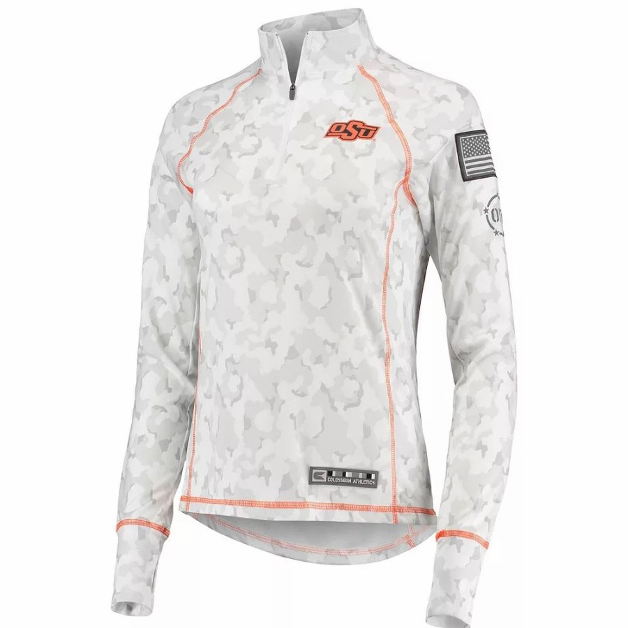 Clothing * | Women'S Colosseum White Oklahoma State Cowboys Oht Military Appreciation Officer Arctic Camo 1/4-Zip Jacket