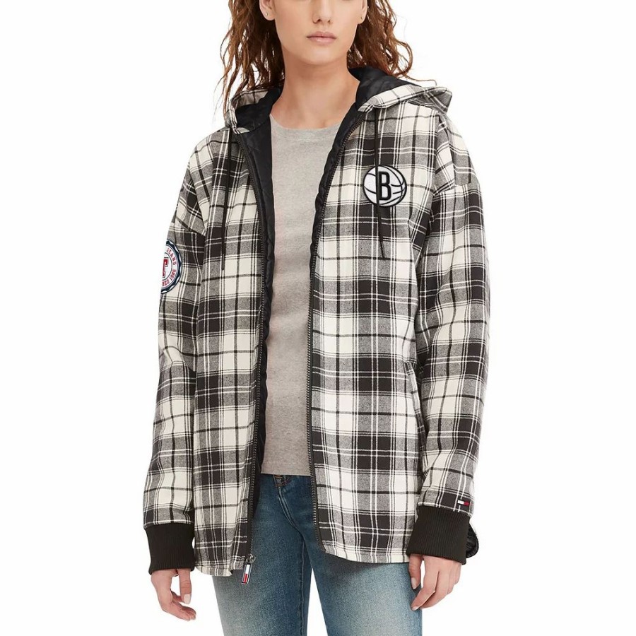 Clothing * | Women'S Tommy Jeans Black/Cream Brooklyn Nets Molly Flannel Full-Zip Hoodie