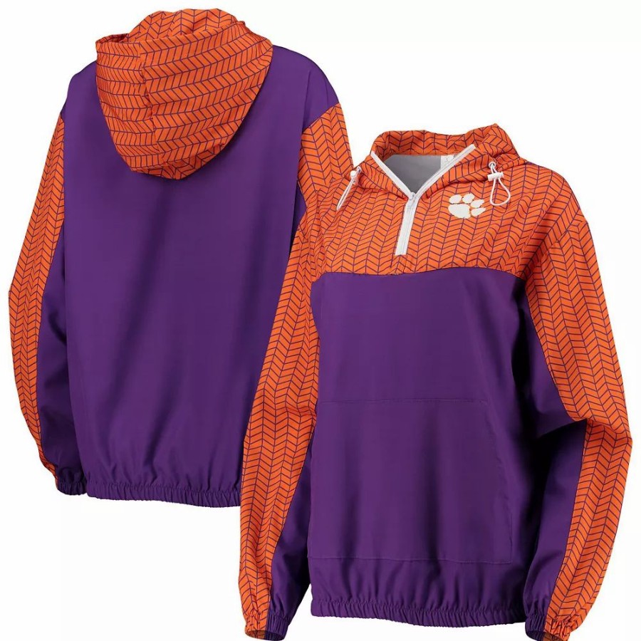 Clothing * | Women'S Zoozatz Purple Clemson Tigers Chevron Swishy Quarter-Zip Hoodie Jacket