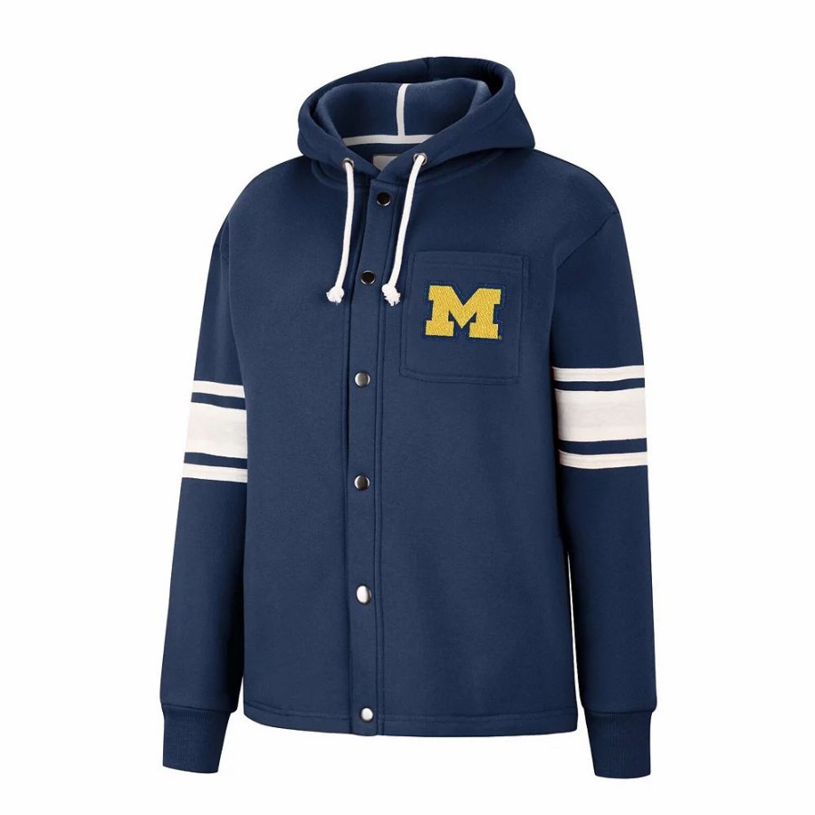 Clothing * | Women'S Colosseum Navy Michigan Wolverines Mia Striped Full-Snap Hoodie Jacket