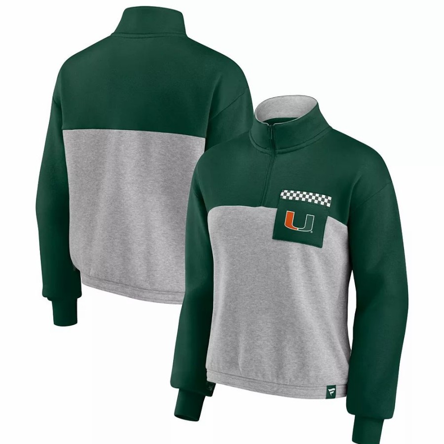 Clothing * | Women'S Fanatics Branded Green/Heathered Gray Miami Hurricanes Sideline To Sideline Colorblock Quarter-Zip Jacket