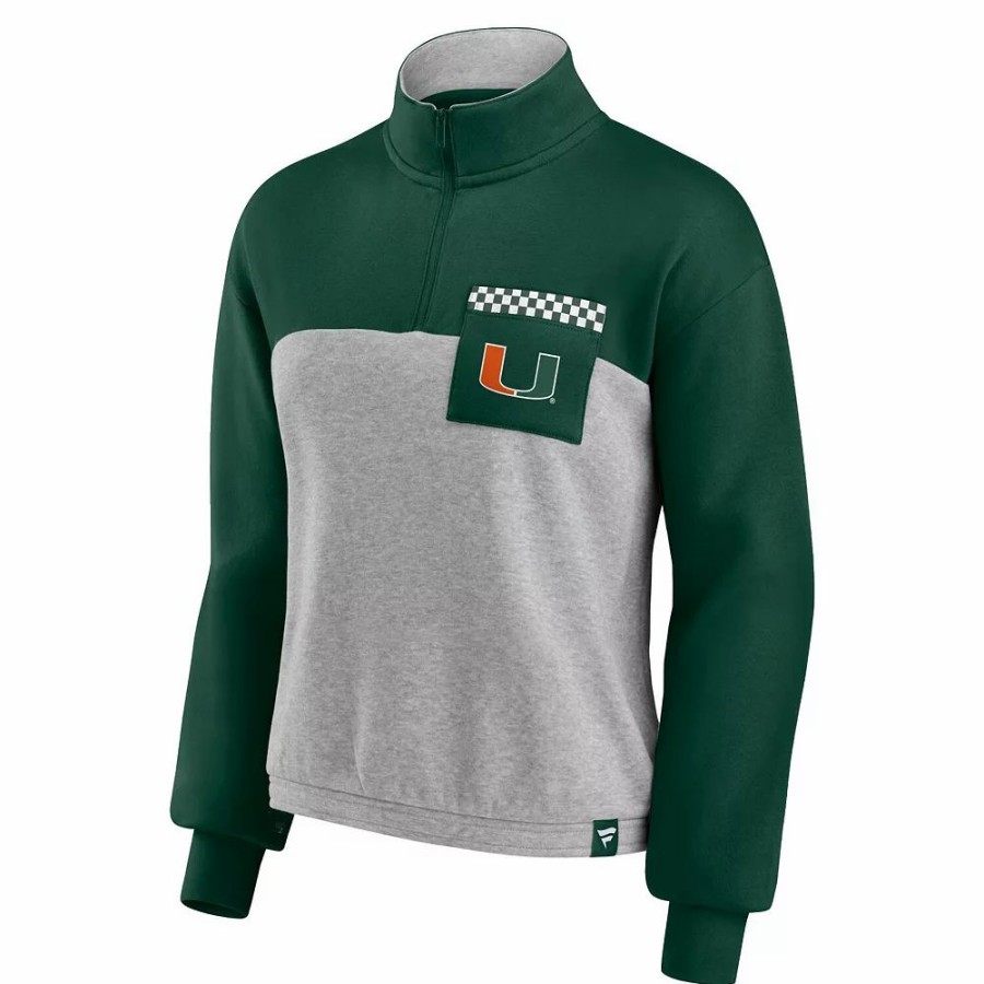 Clothing * | Women'S Fanatics Branded Green/Heathered Gray Miami Hurricanes Sideline To Sideline Colorblock Quarter-Zip Jacket