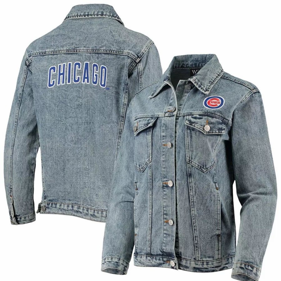 Clothing * | Women'S The Wild Collective Chicago Cubs Team Patch Denim Button-Up Jacket