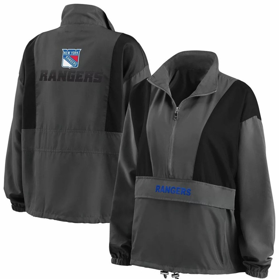 Clothing * | Women'S Wear By Erin Andrews Charcoal New York Rangers Popover Packable Half-Zip Jacket