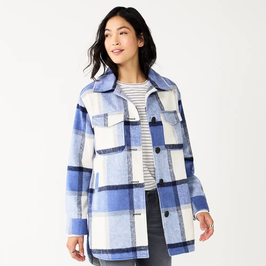 Clothing * | Juniors' Sebby Plaid Faux-Wool Shacket