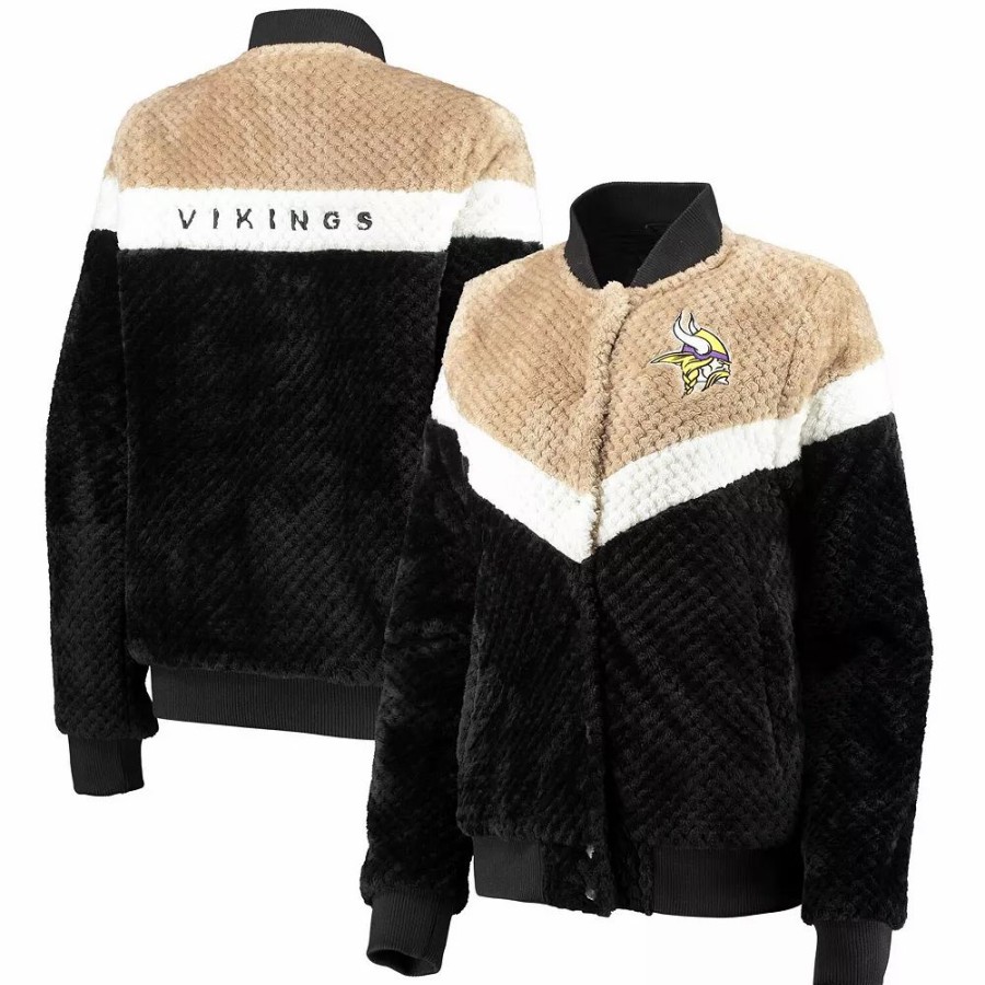 Clothing * | Women'S G-Iii 4Her By Carl Banks Black/Cream Minnesota Vikings Riot Squad Sherpa Full-Snap Jacket