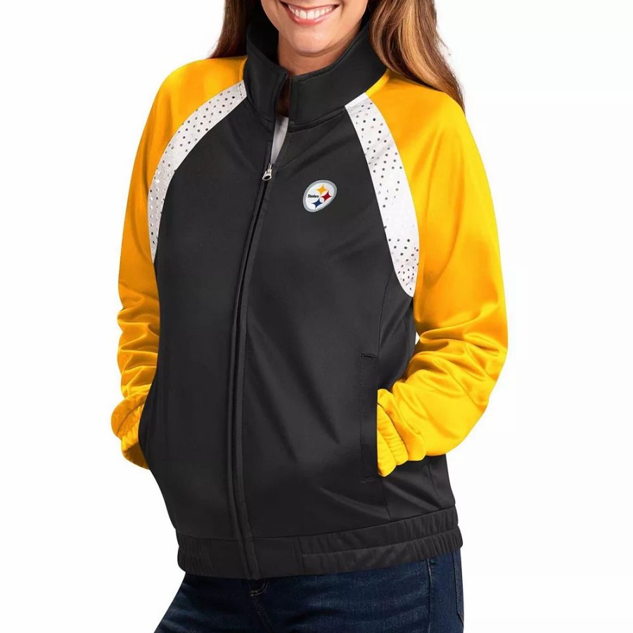 Clothing * | Women'S G-Iii 4Her By Carl Banks Black/Gold Pittsburgh Steelers Confetti Raglan Full-Zip Track Jacket