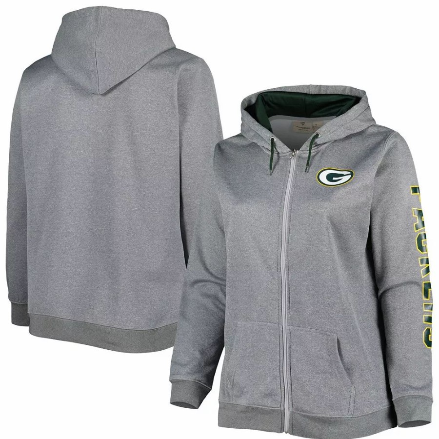 Clothing * | Women'S Heather Charcoal Green Bay Packers Plus Size Fleece Full-Zip Hoodie Jacket