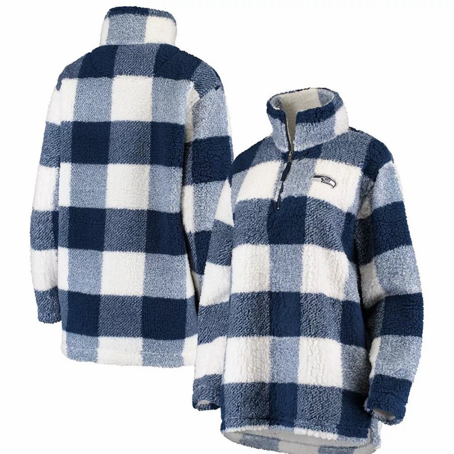 Clothing * | Women'S G-Iii 4Her By Carl Banks Navy Seattle Seahawks Sherpa Plaid Quarter-Zip Jacket