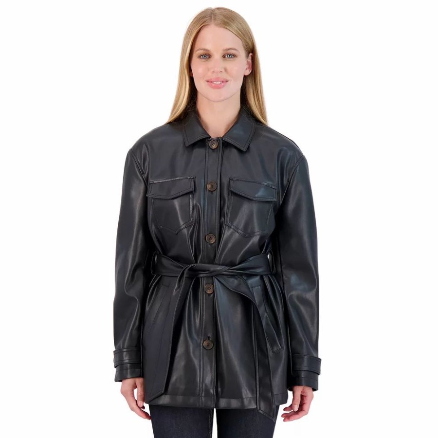 Clothing * | Women'S Sebby Collection Faux Leather Belted Shirt Jacket