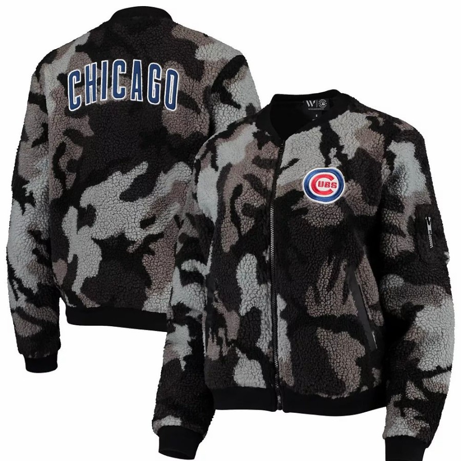 Clothing * | Women'S The Wild Collective Black Chicago Cubs Camo Sherpa Full-Zip Bomber Jacket