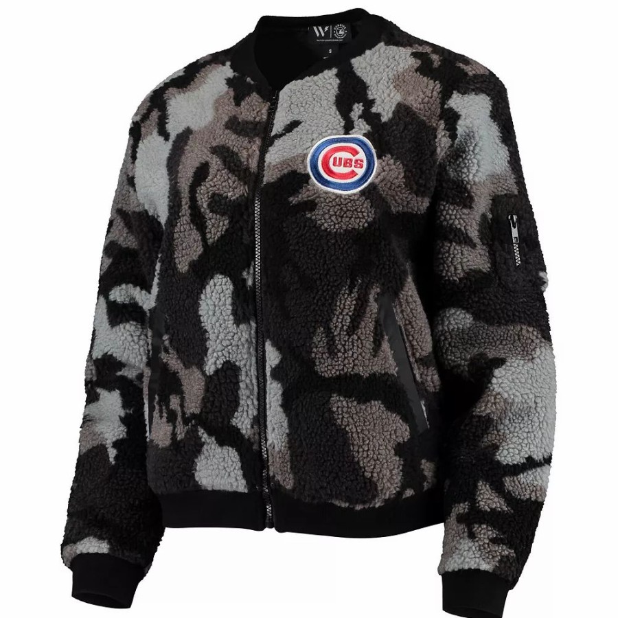 Clothing * | Women'S The Wild Collective Black Chicago Cubs Camo Sherpa Full-Zip Bomber Jacket