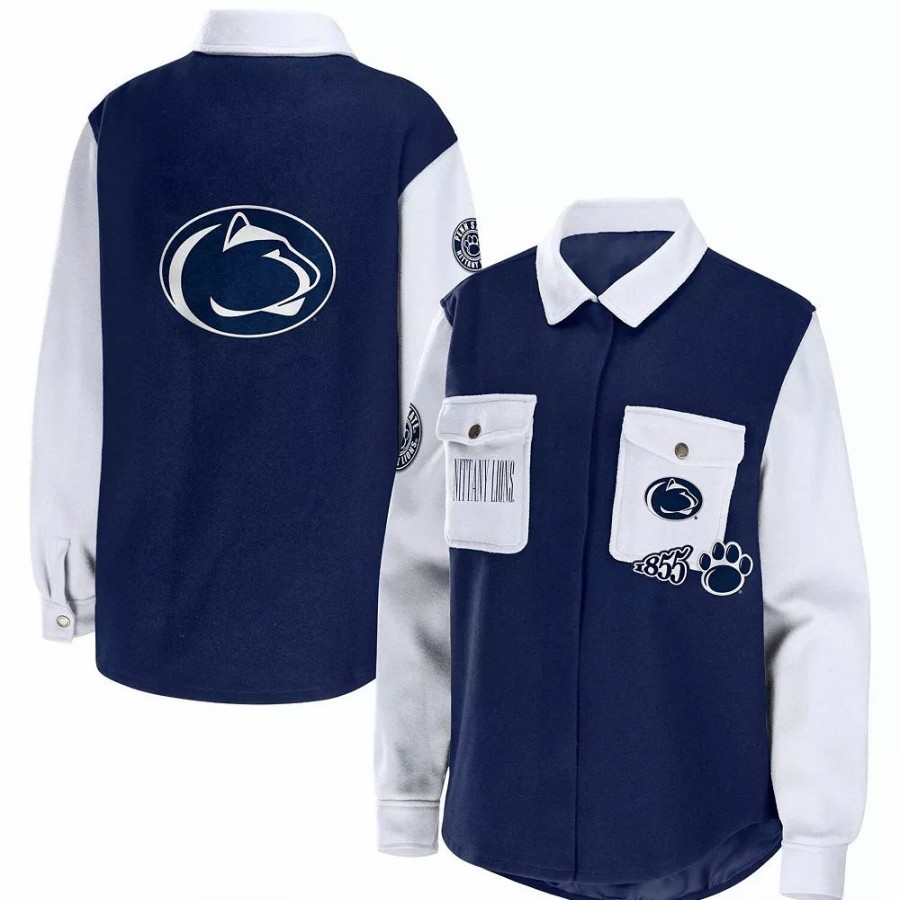 Clothing * | Women'S Wear By Erin Andrews Navy Penn State Nittany Lions Button-Up Shirt Jacket