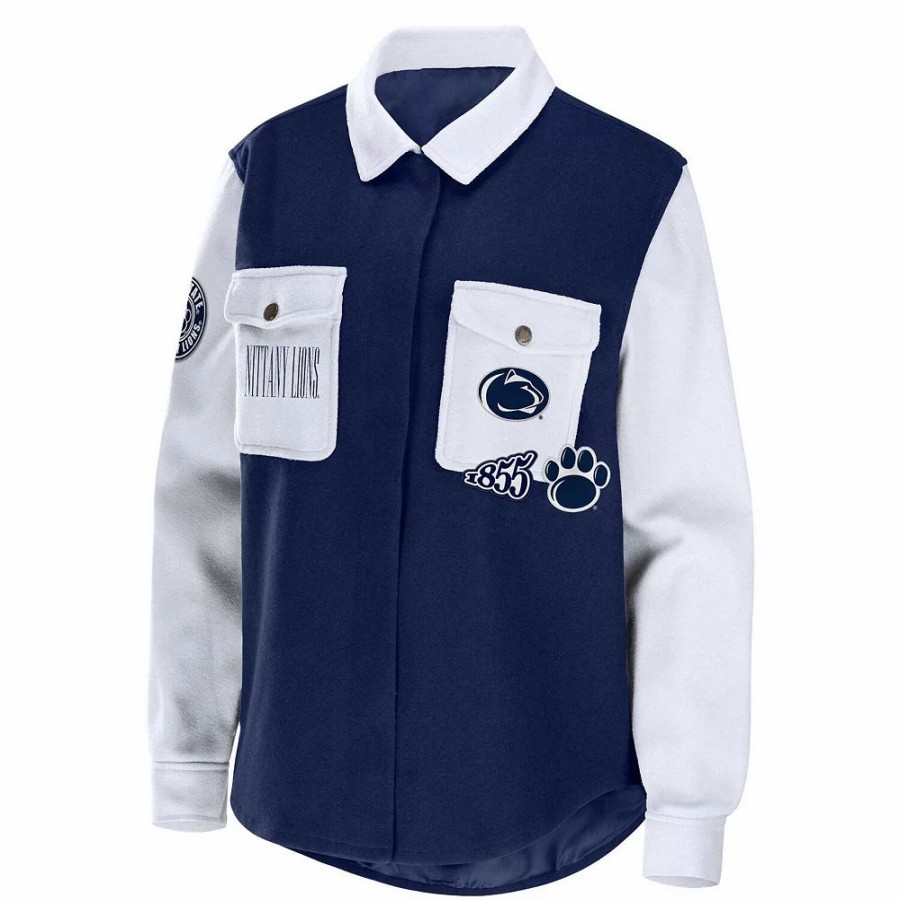 Clothing * | Women'S Wear By Erin Andrews Navy Penn State Nittany Lions Button-Up Shirt Jacket