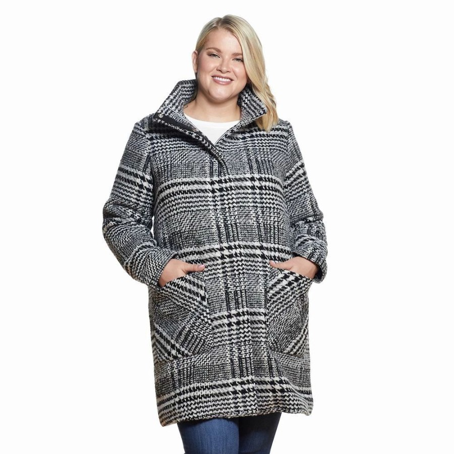 Clothing * | Plus Size Weathercast Plaid Wool-Blend Topper Coat