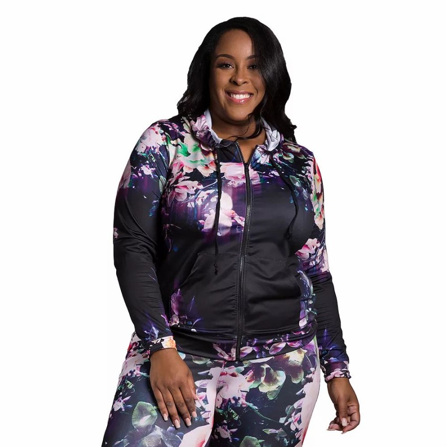 Clothing * | Poetic Justice Plus Size Women'S Active Tricot Full Zip Hoodies Floral Print