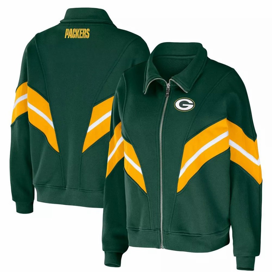 Clothing * | Women'S Wear By Erin Andrews Green Green Bay Packers Plus Size Yarn Dye Stripe Full-Zip Jacket