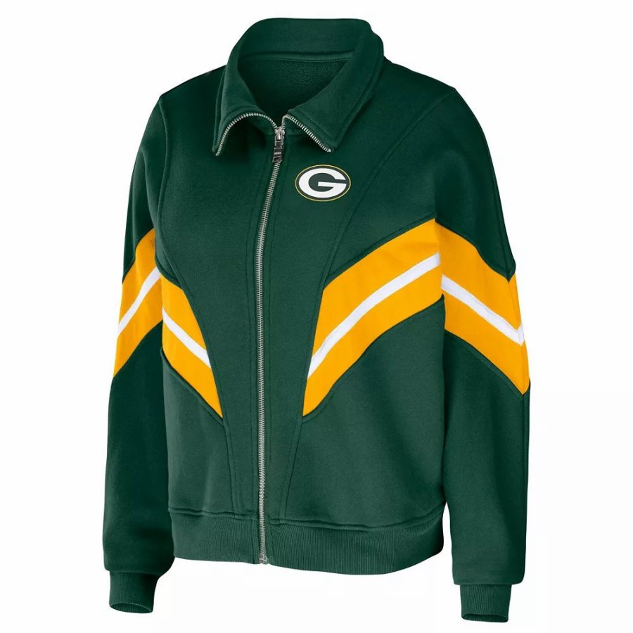 Clothing * | Women'S Wear By Erin Andrews Green Green Bay Packers Plus Size Yarn Dye Stripe Full-Zip Jacket