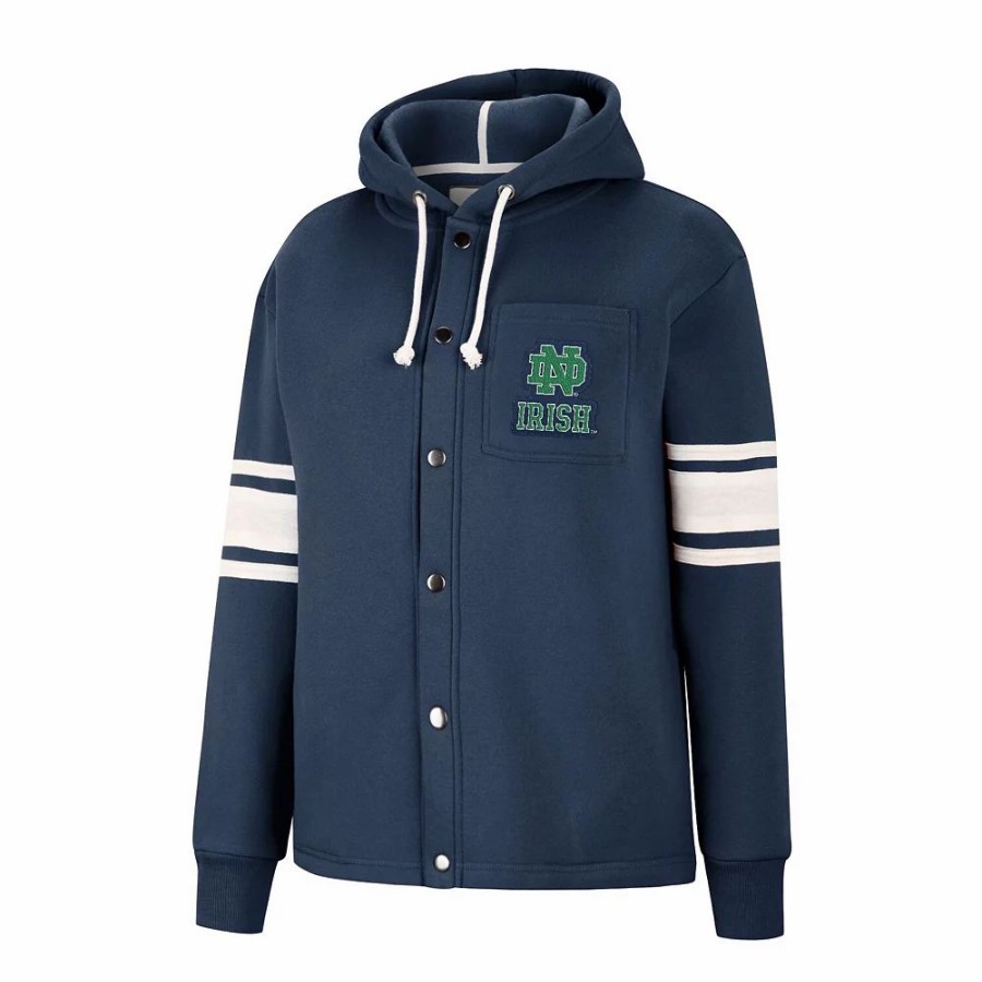 Clothing * | Women'S Colosseum Navy Notre Dame Fighting Irish Mia Striped Full-Snap Hoodie Jacket