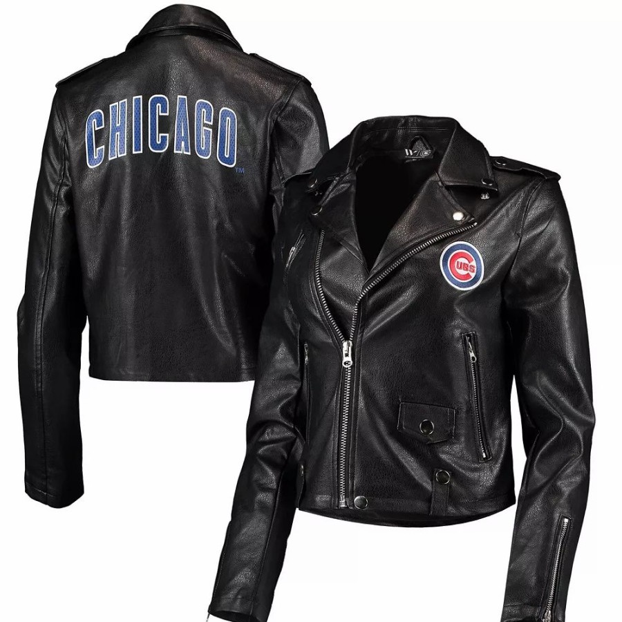 Clothing * | Women'S The Wild Collective Black Chicago Cubs Faux Leather Moto Full-Zip Jacket